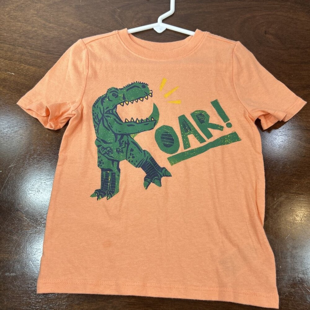 Old Navy Boys Size 4 T Shirt Orange with Dinosaur T-Rex Graphic Short Sleeve